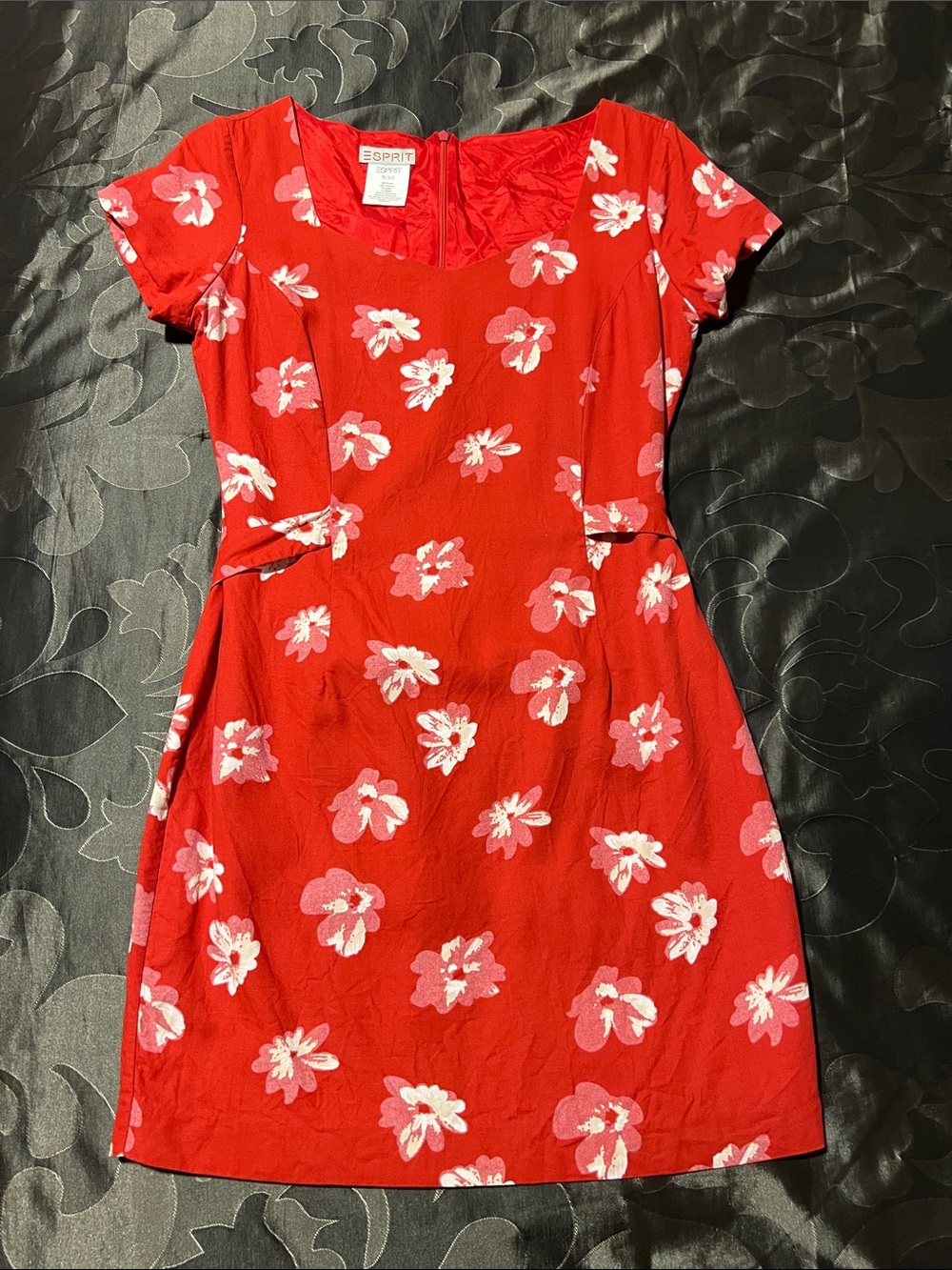 VTG 90s Esprit Red Floral Sweetheart Neck Dress Tie Back Hong Kong Women’s 9/10